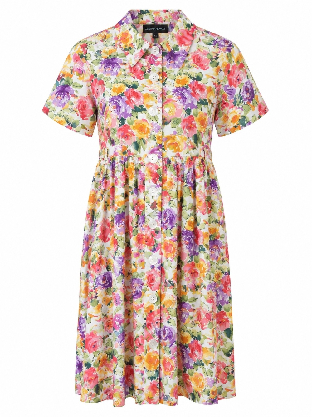 CYNTHIA ROWLEY | Spring Floral Button Front Collared Dress Pearl Buttons | 12